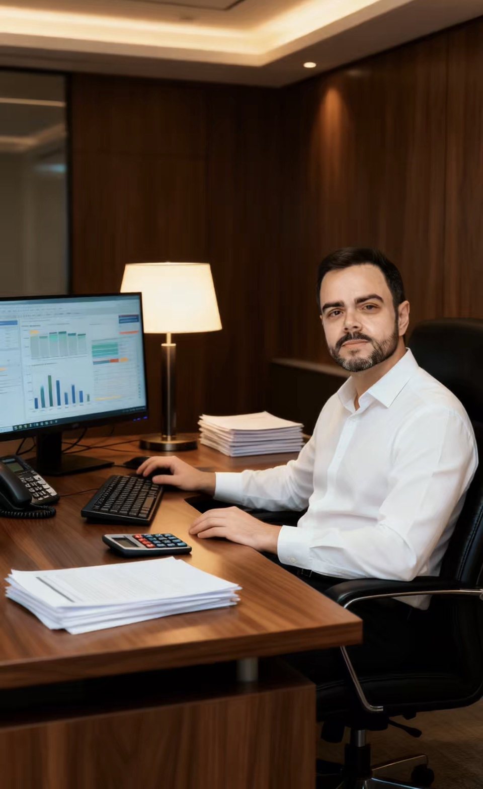 Pablo J. Cavalcante Alves à mesa de trabalho, com relatórios e indicadores na tela